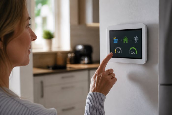 A homeowner checking a wall-mounted home energy monitor